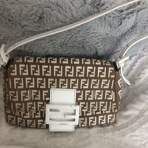 Rare Fendi Mini Mamma Logo Baguette in Tan w/White